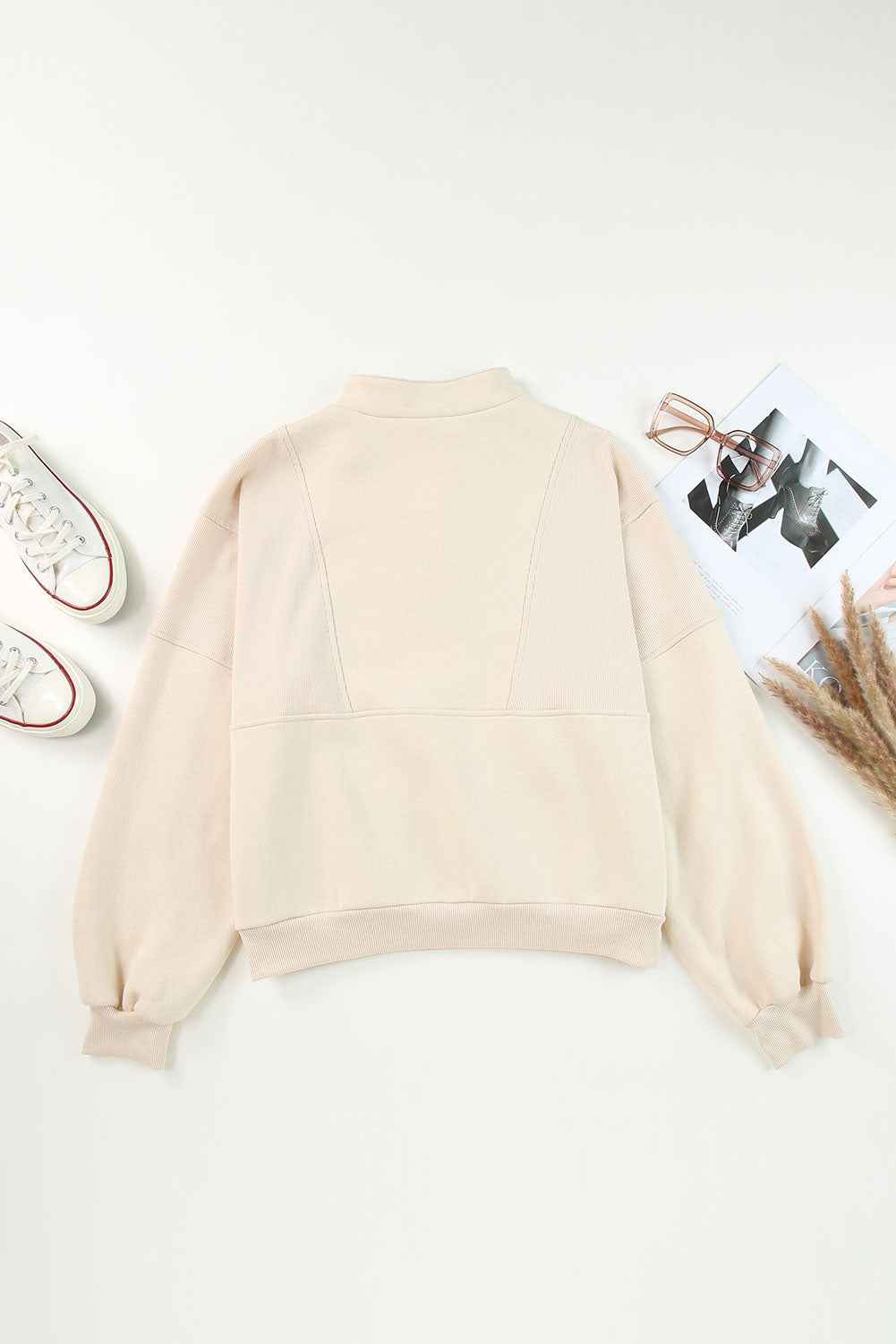 Black Half Zip Stand Collar Exposed Seam Solid Color Casual Sweatshirt 09500bf30b68455f