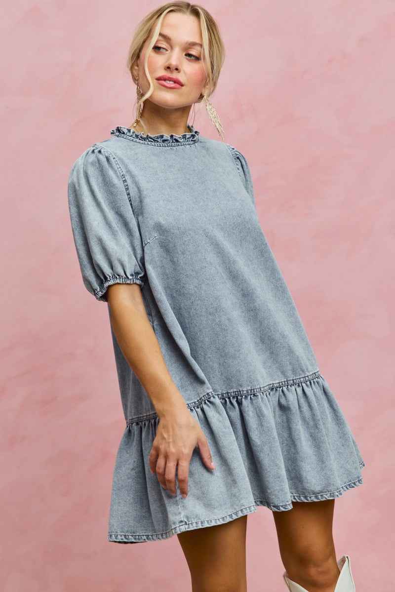 SO ME Denim Short Sleeves Mini Tiered Dress 0956b0971f0b4758bf6530a4c81367af-Max