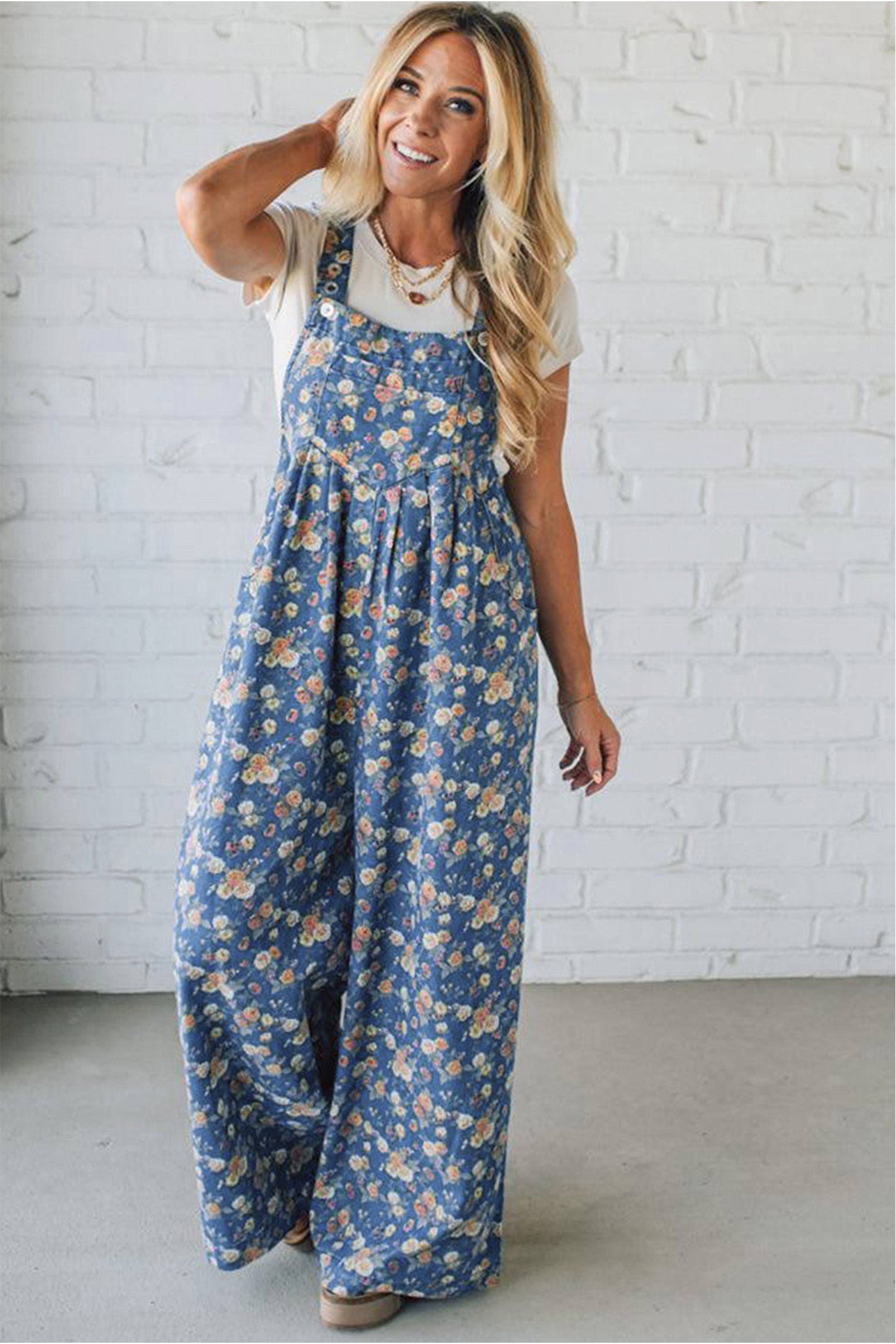 Blue Vintage Rose Printed Pleated Loose Denim Overall Jumpsuit 095b710e0a25da28