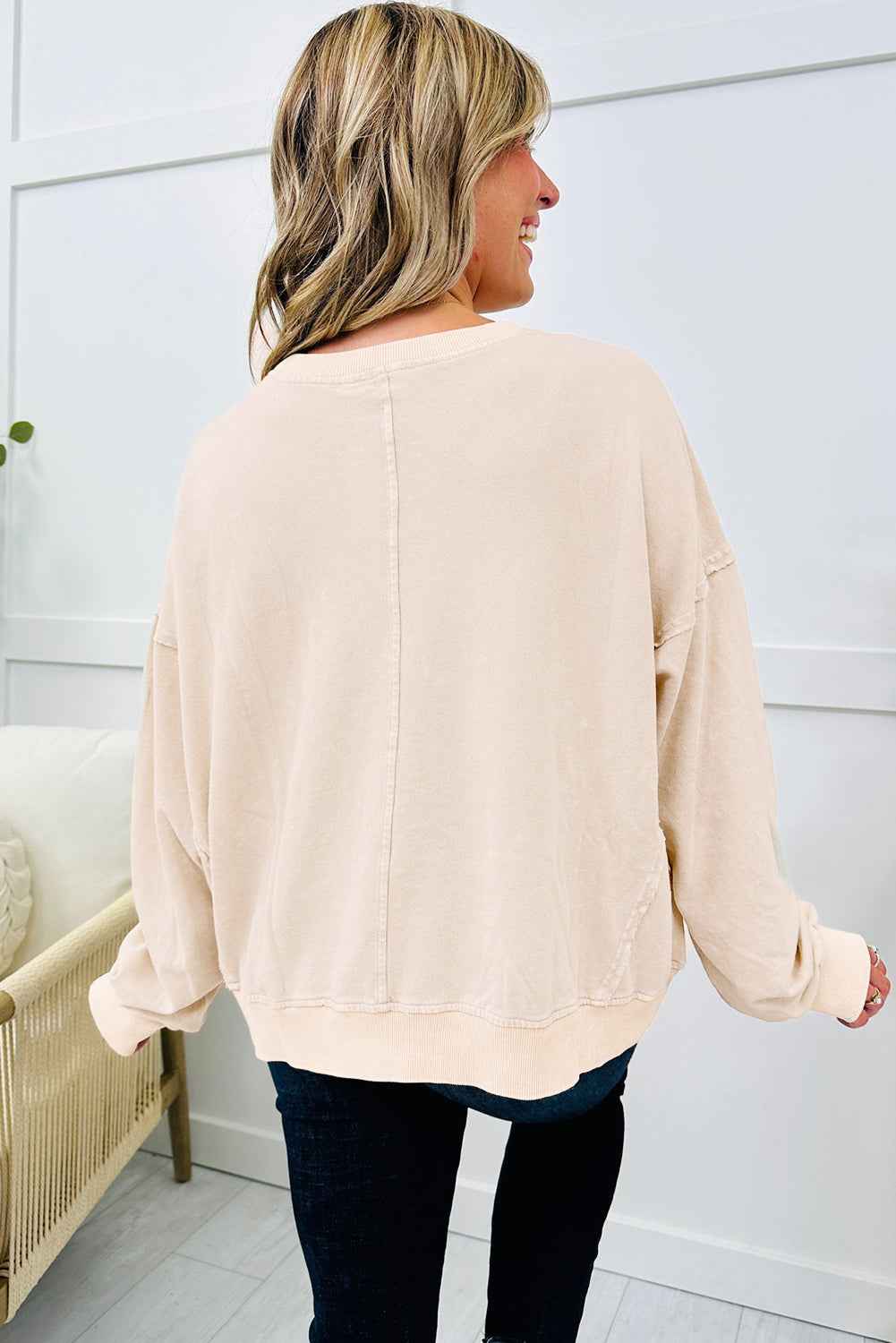 Beige Flower Pattern Round Neck Long Sleeve Plus Size Top 095ee0f9e5a6e373