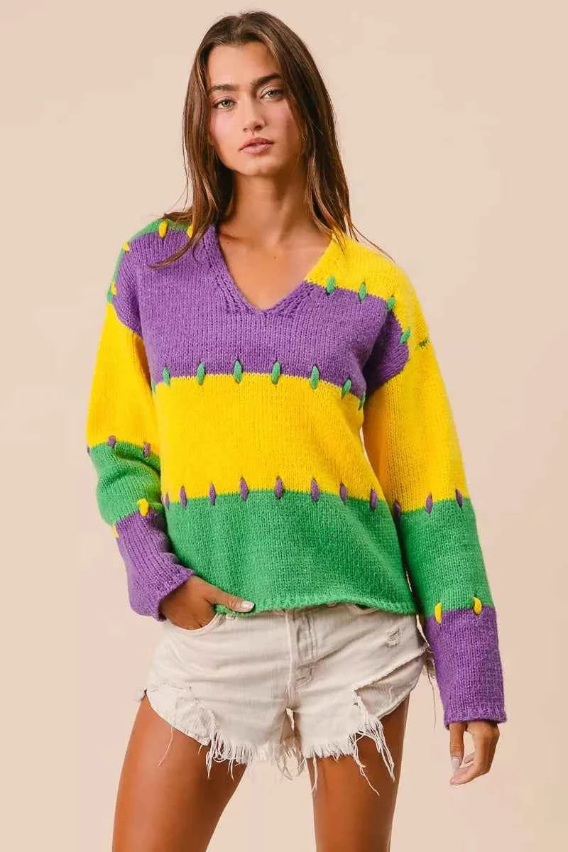 BiBi Stitch Detail Mardi Gras Stripes Sweater 0961ec7625d64a5ba4b4930c4f53e5e3-Max-Origin