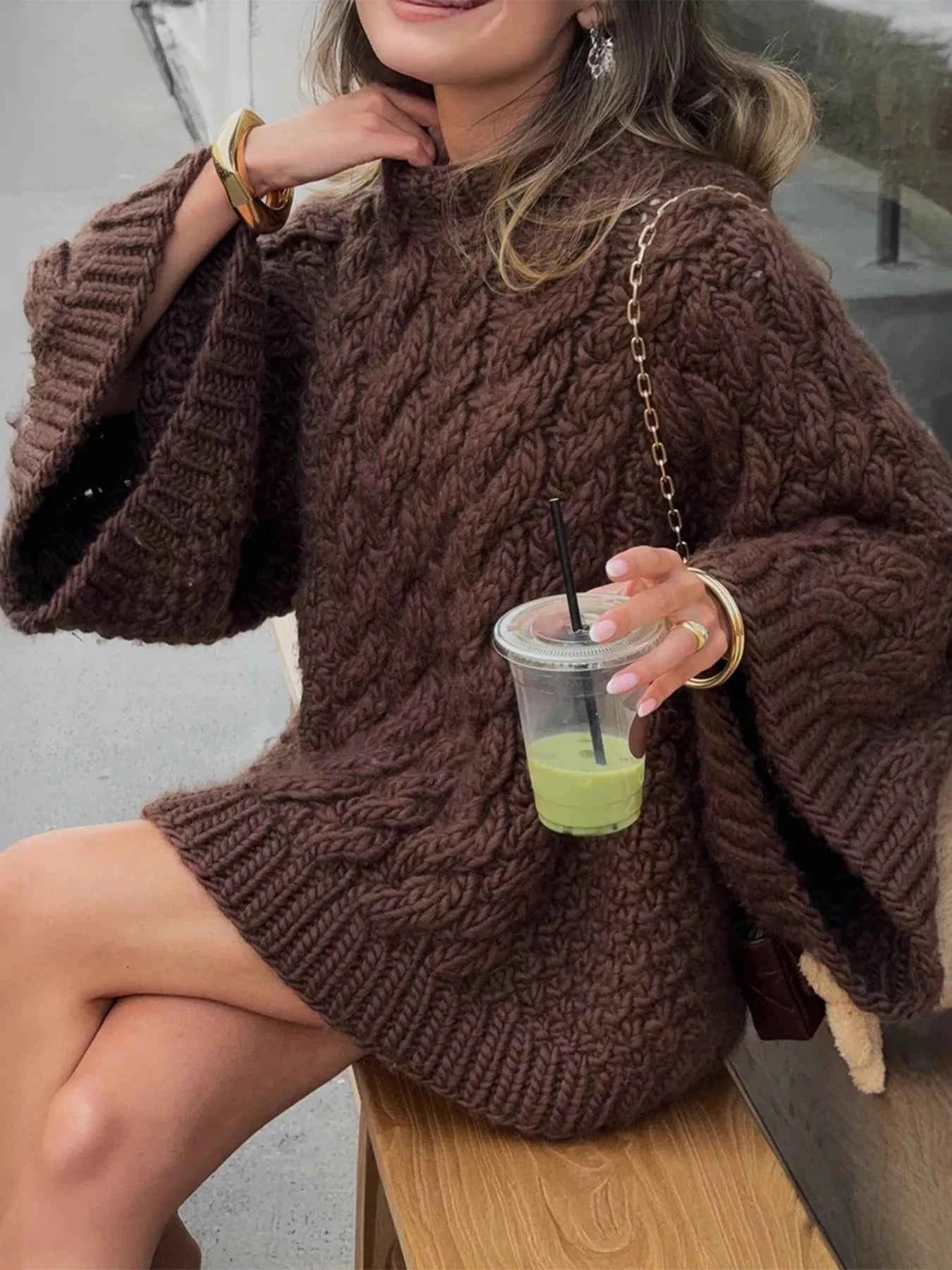 Cable Knit Round Neck Sweater Brown 0963c1bbff8e4a3681807ea34384d691-Max-Origin