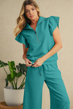 Black Textured Ruffle Sleeve Zipped Top and Wide Leg Pants Set