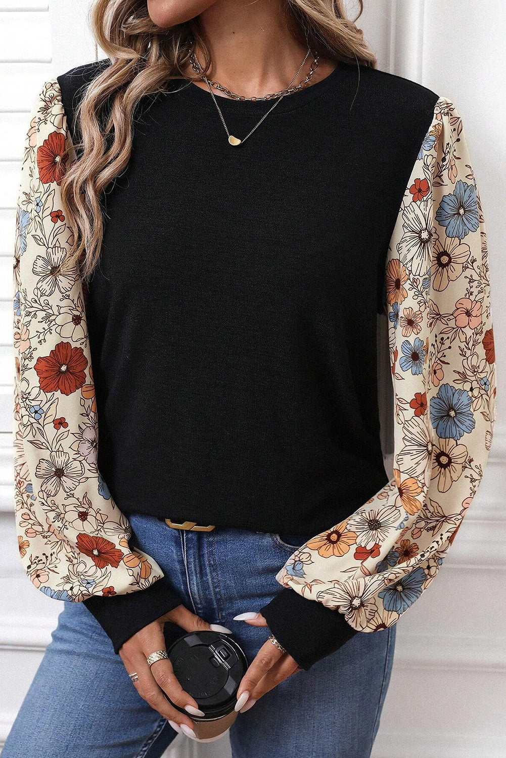 Khaki Leopard Puff Sleeve Patchwork Top 09658e93487fd37c
