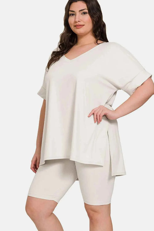 Zenana Full Size V-Neck Short Sleeve Slit T-Shirt and Shorts Set 096c0537-70f9-4723-b797-76c54a20f8e7-Max