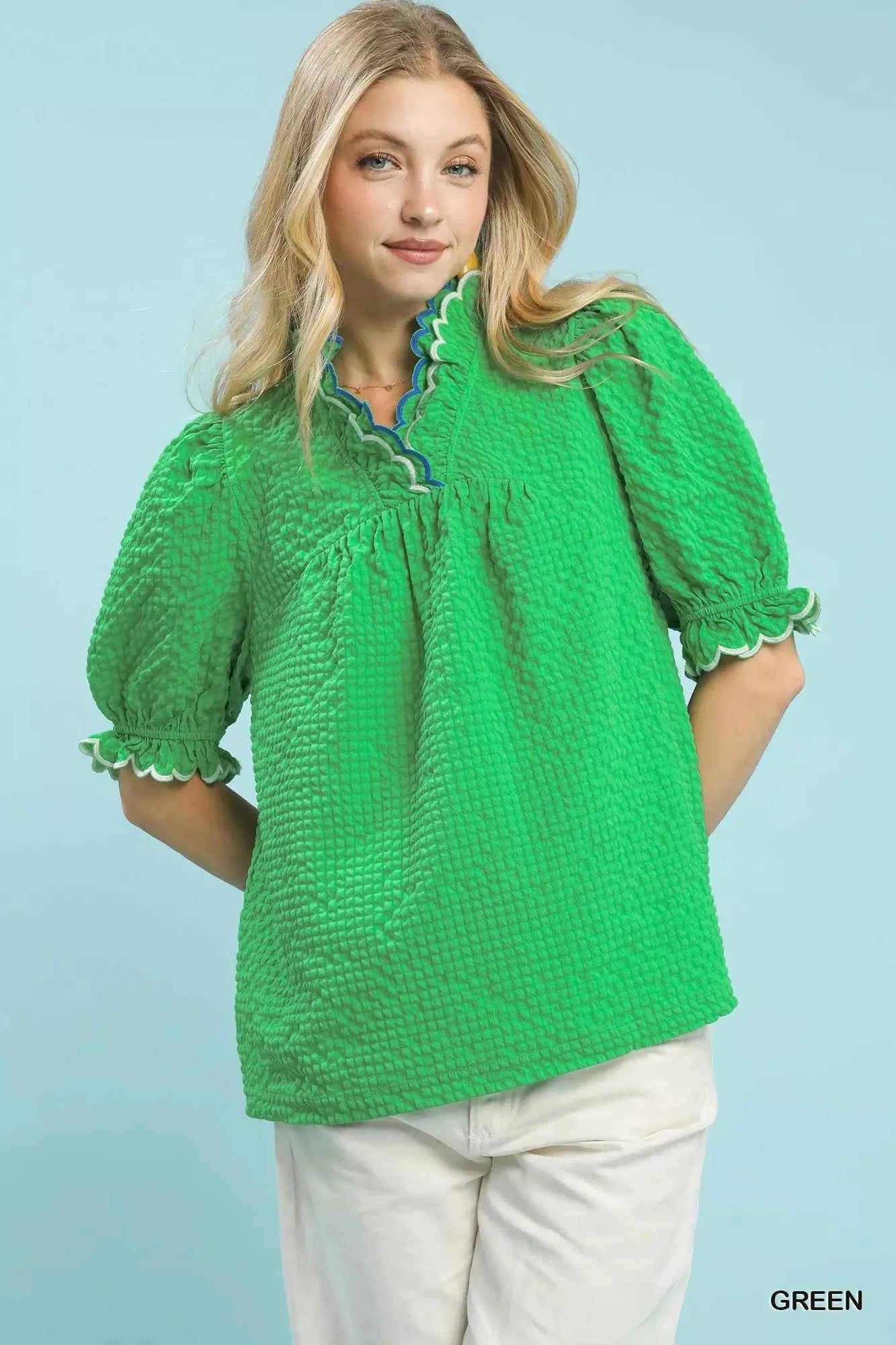 Textured Puff Sleeve Top with Scalloped Trim GREEN 0972354b-a858-4217-8c3d-28e159cc0f30-Max-Origin