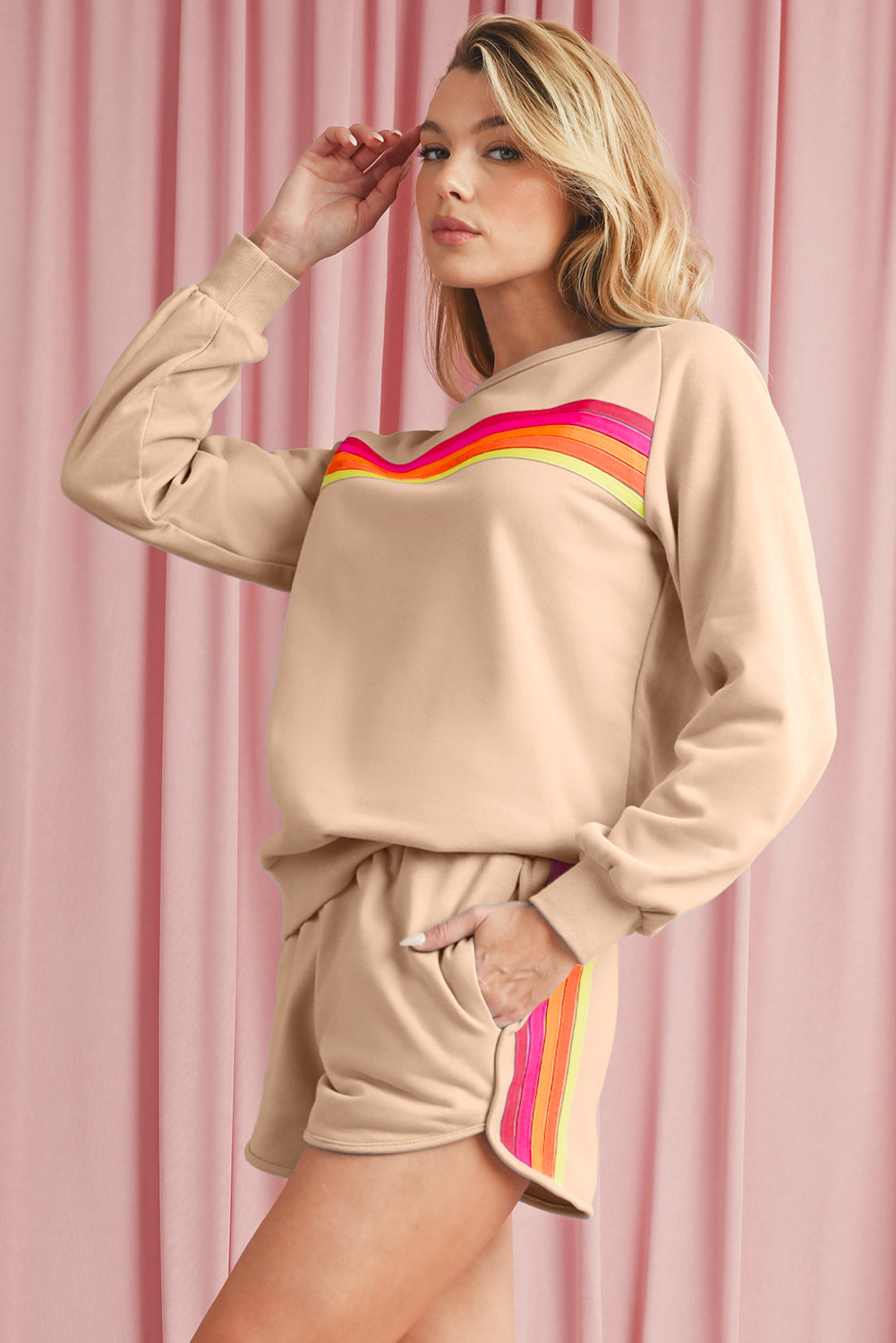 Bonbon Colorful Striped Long Sleeve Pullover and Shorts Set 097313dd90ee640a