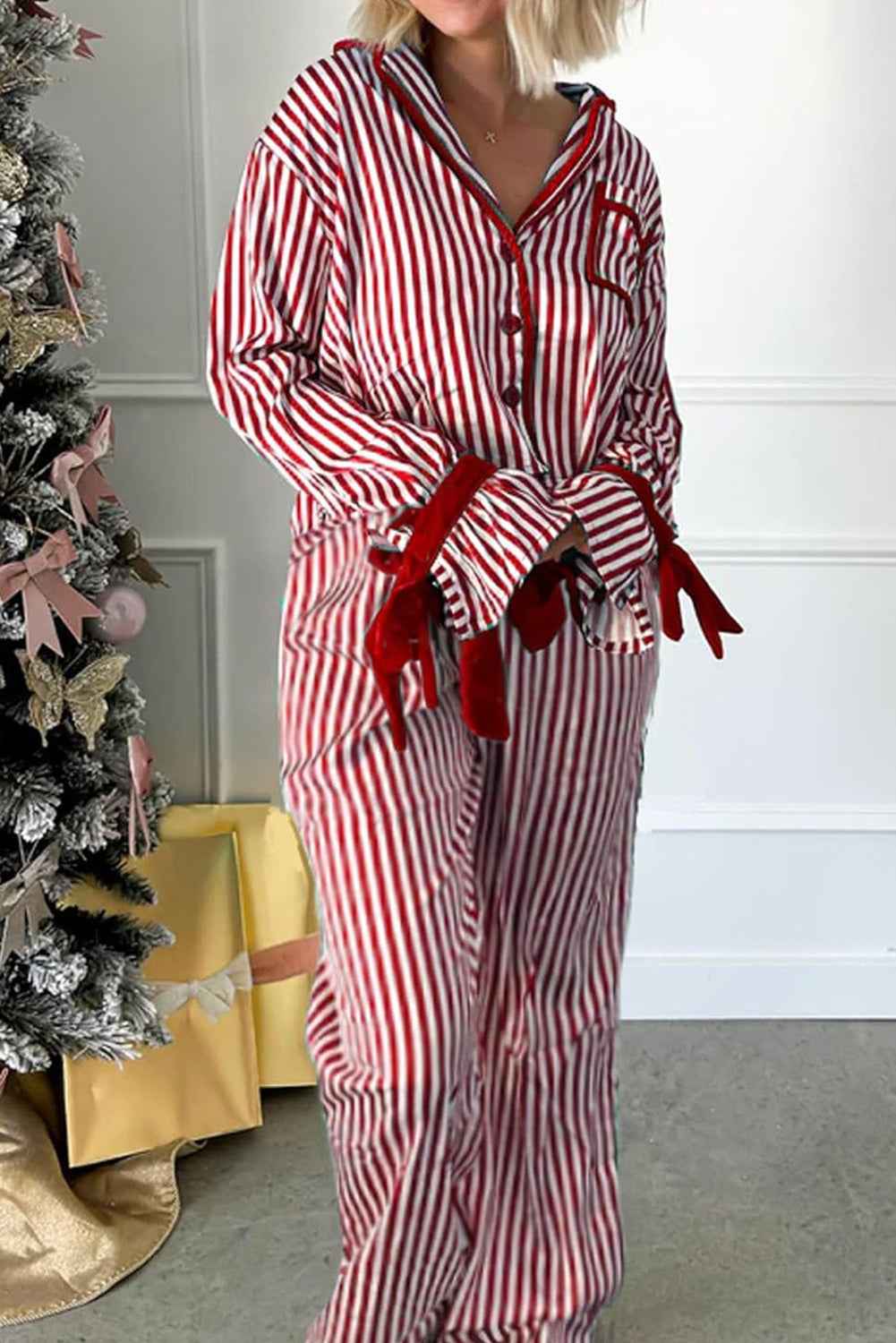 Red Striped Contrast Velvet Trim Knot Waist Pajama Set 097346f5d2b07a90