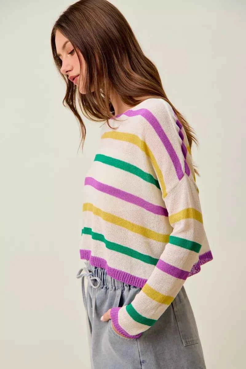 SO ME Mardi Gras Color Stripe Lightweight Sweater Top 09743f37ea2c4df6ae772f68f5cf2a83-Max-Origin