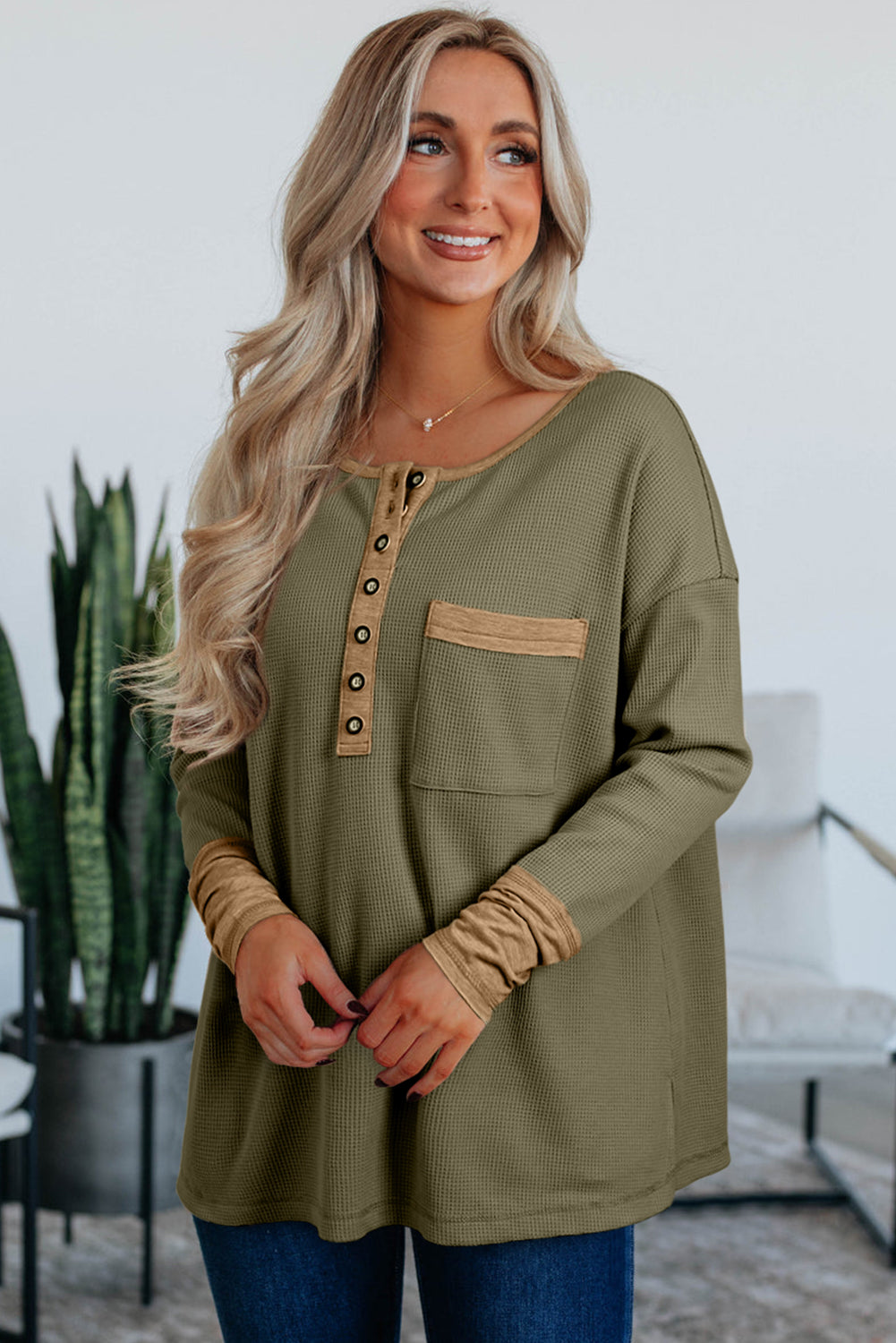 Vineyard Green Waffle Textured Patchwork Tunic Henley Top
