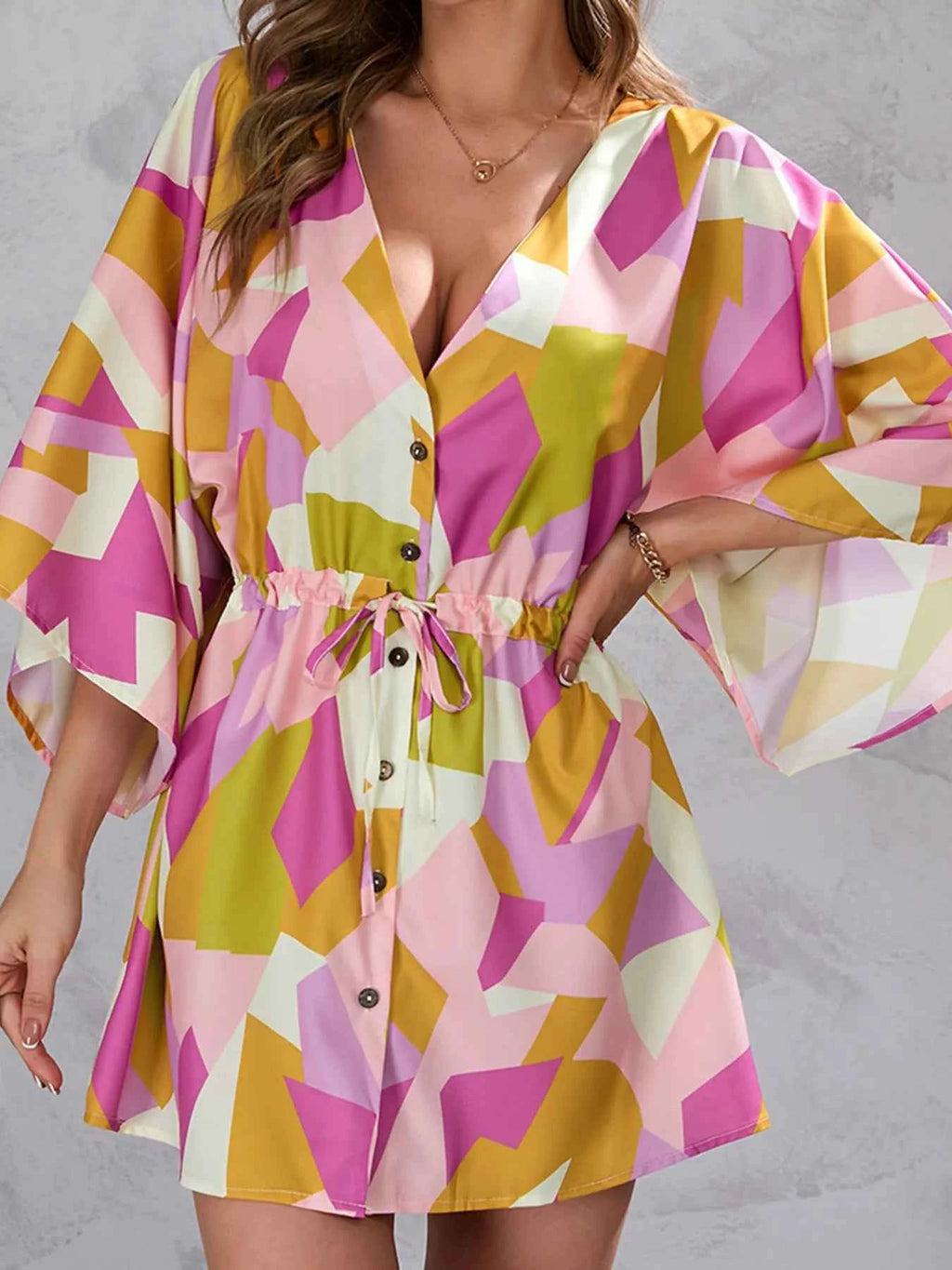 Color Block Drawstring Waist Button Up Dress 0986c1f65a2c4e06ba0da623b49d23dc-Max-Origin