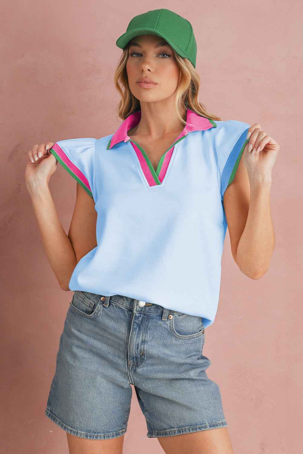 White Pop of Color Collared V Neck Ruffle Sleeve Blouse 098baa4ccda2553f