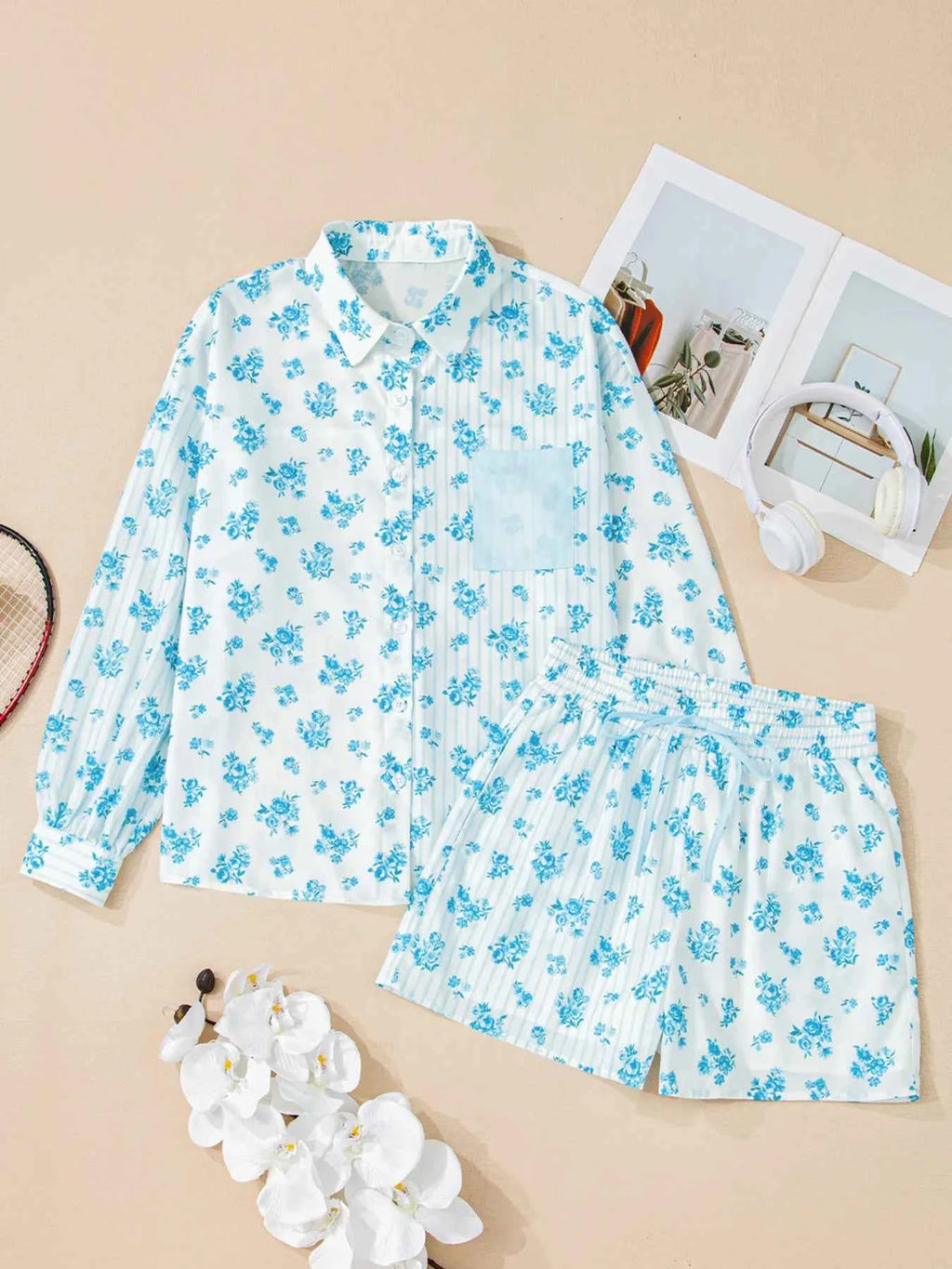 Floral Print Contrast Patched Pocket Shirt and Shorts Set 098c25e0c20e4f189faca66beb9ff426-Max-Origin