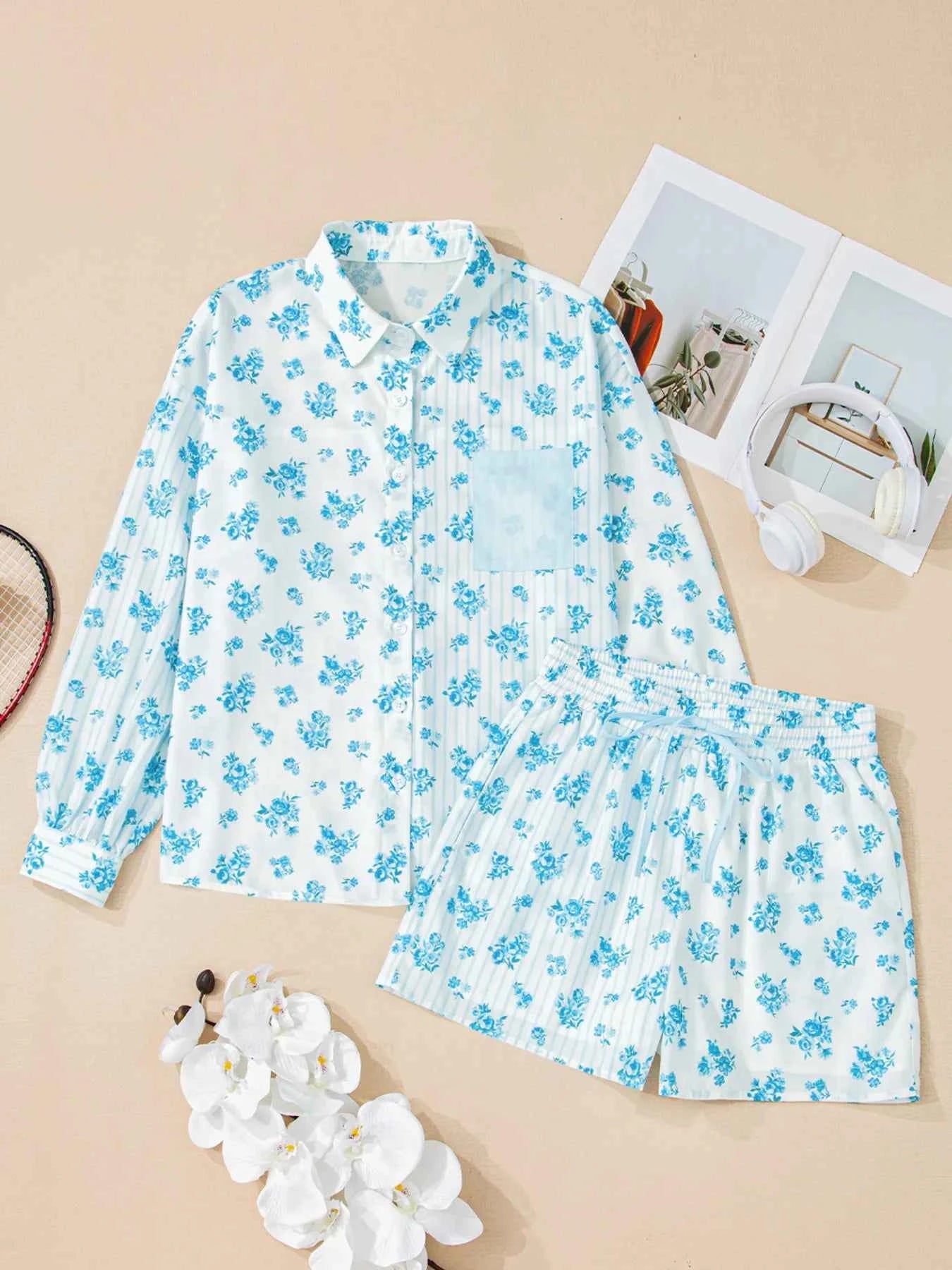 Floral Print Contrast Patched Pocket Shirt and Shorts Set 098c25e0c20e4f189faca66beb9ff426-Max-Origin