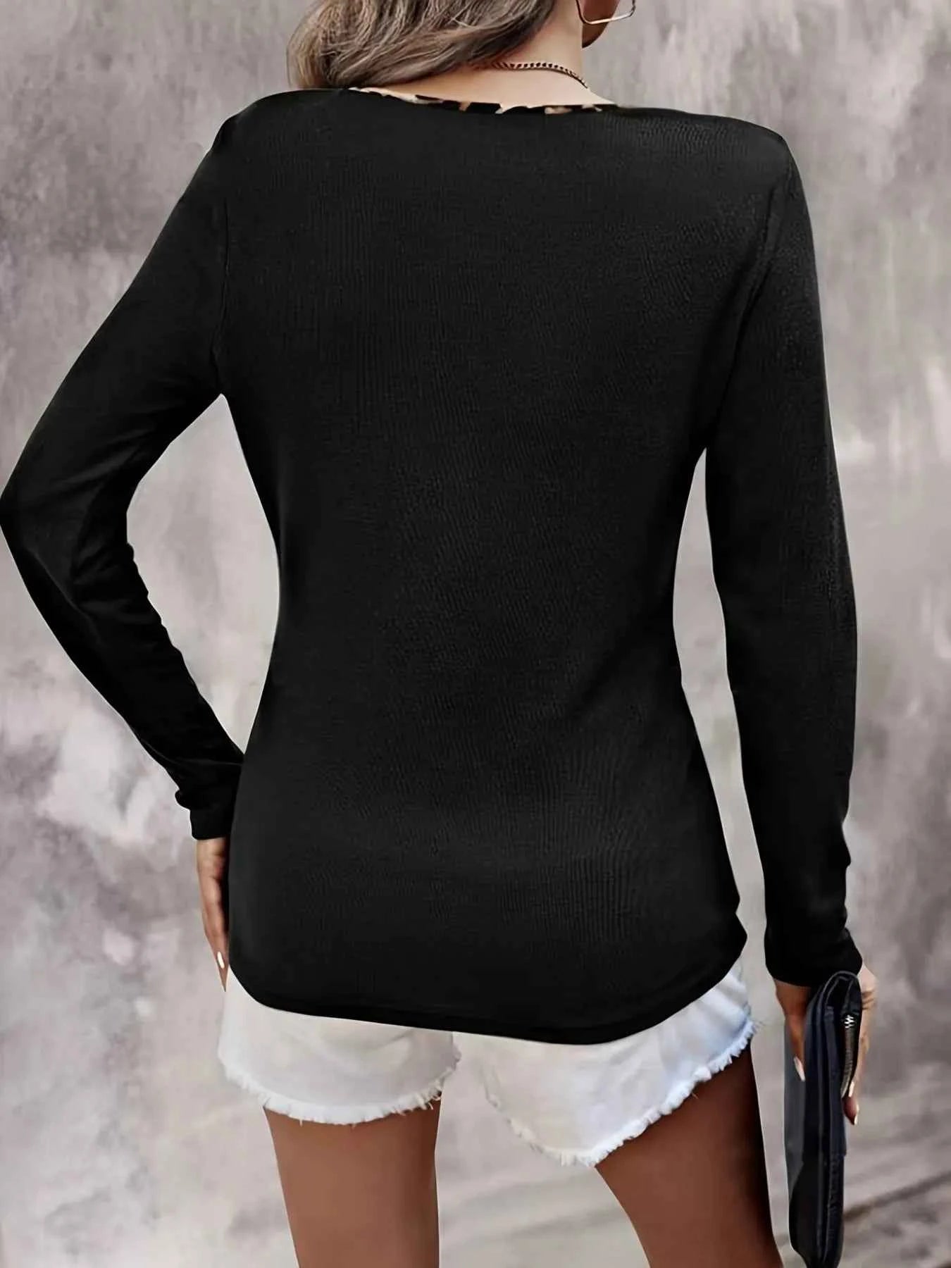 Leopard Trim Long Sleeve T-Shirt 098cb9d17610425e9d21f460ab4f8016-Max-Origin