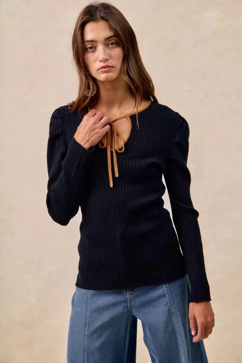 BiBi Ribbed Contrast Front Tied Top with Shrried 09965b7705724bd8bfe525f9cb74250f-Max-Origin