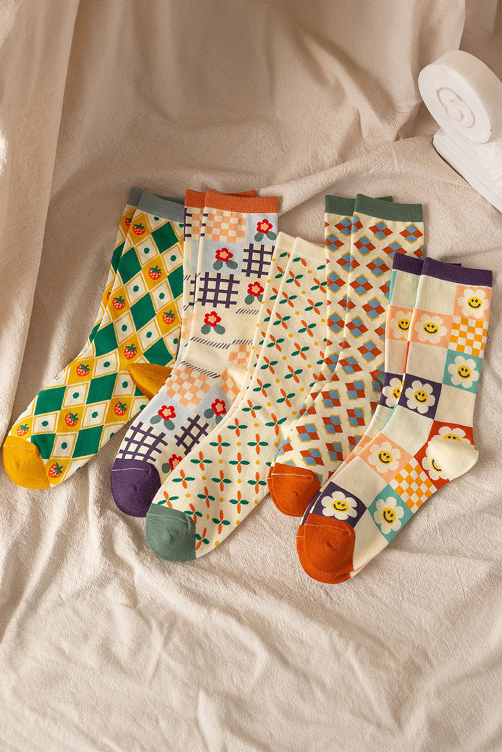 White Plaid Floral Cotton Crew Socks 0997334062ffc2b1