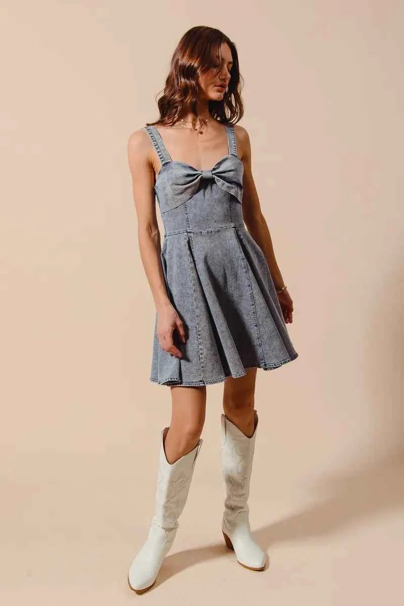 Mineral Washed Bow Ribbon Denim Flare Dress 099efdb53dc7491e808bca9a2d73df60-Max-Origin