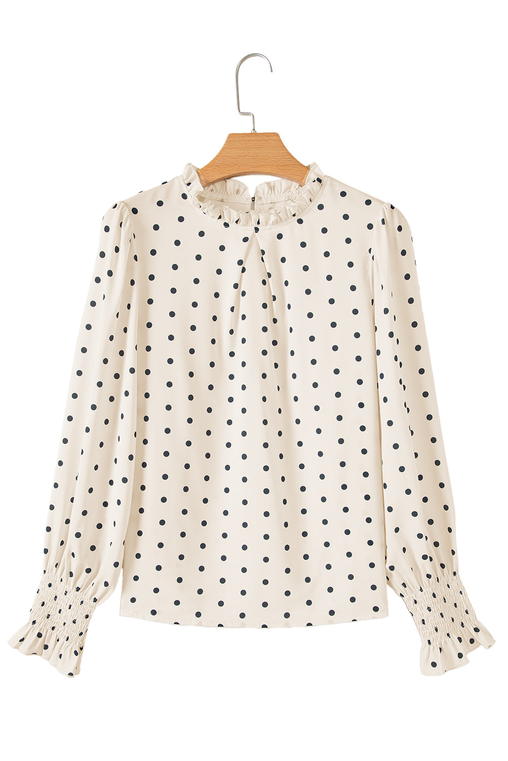 Apricot Polka Dot Print Frill Neck Smocked Lantern Sleeve Blouse 09a5524775af4ac7
