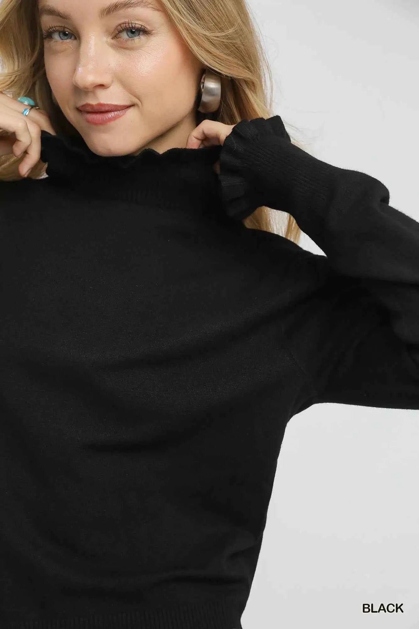 Umgee Ruffle Mock Neck Puff Sleeve Sweater 09a593ee-4db0-4026-91da-99e8b852c42d-Max-Origin