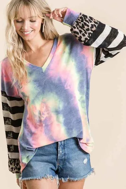 Tie Dye V Neck Top with Stripe Puff Sleeves 09a921fa2ff24ced922cfd7d1aafb5eb-Max-Origin