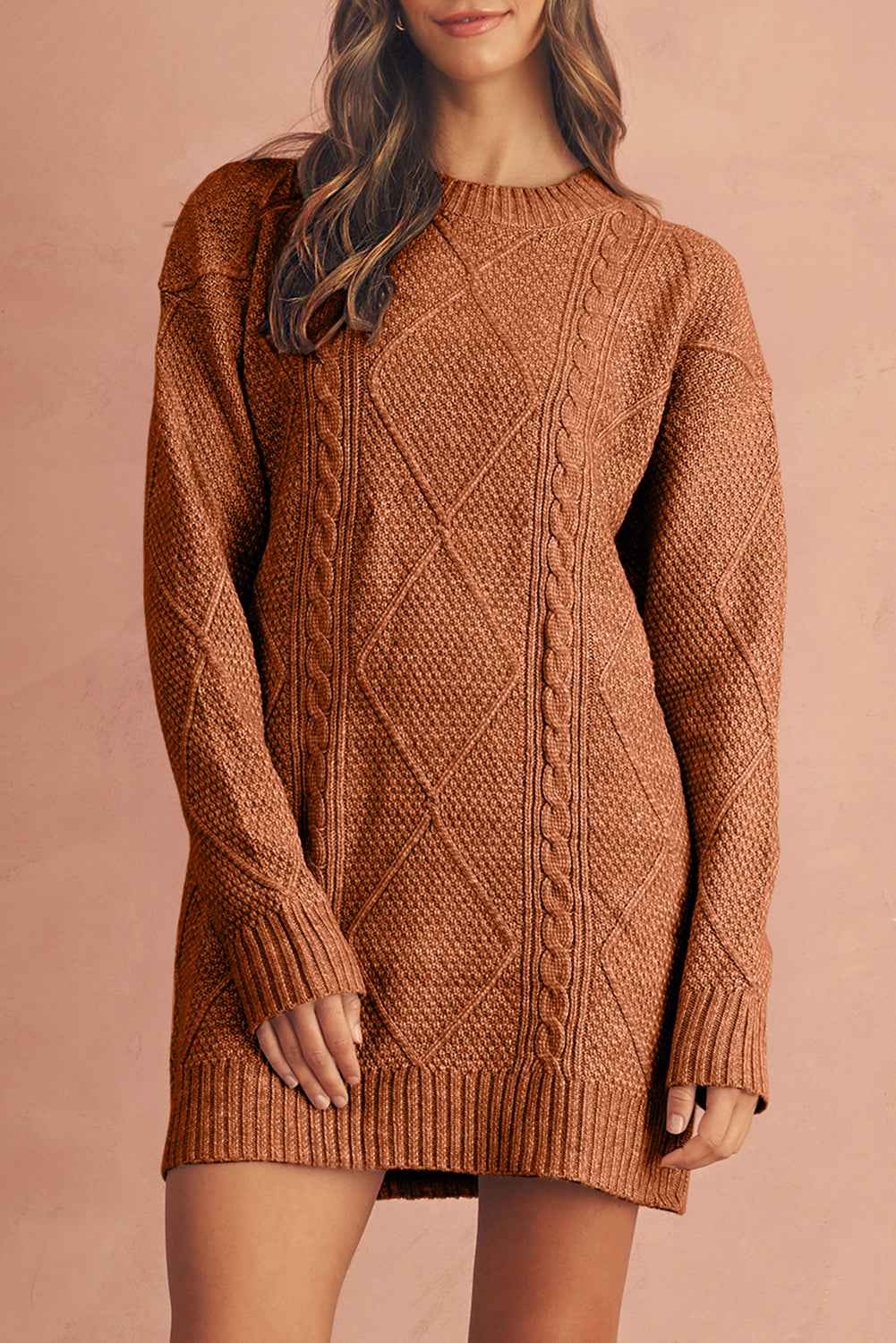 Oatmeal Cable Knit Drop Shoulder Loose Fit Sweater Dress Coffee 100%Polyester 09b53c72945f4086