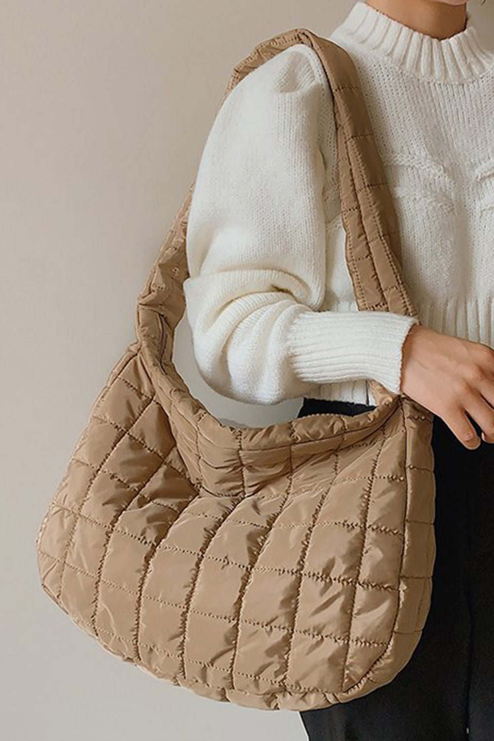 Light French Beige Quilted Zipper Large Shoulder Bag 09b89b914d997bf2
