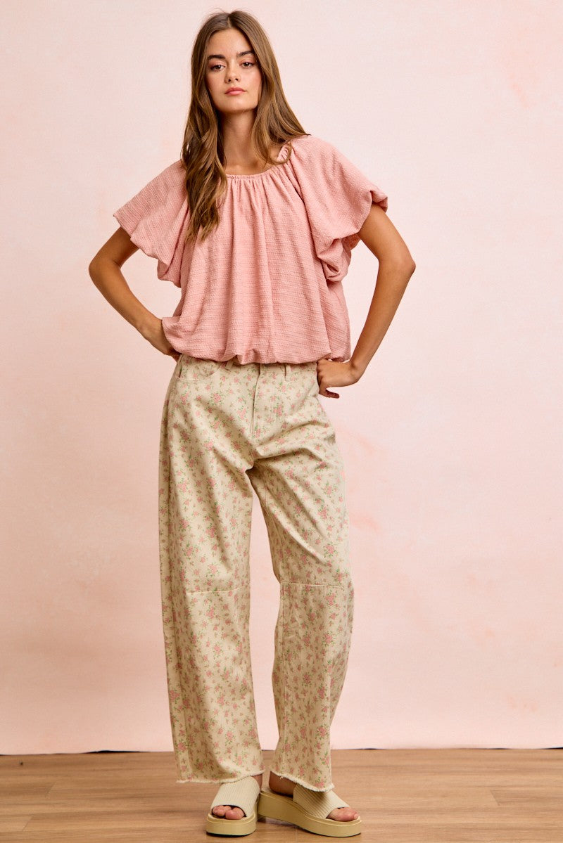 BiBi Stripes Textured Shirred Neckline Bubble Hem Top 09b9be760a1142e6b64bbdccb89ae2fa-Max