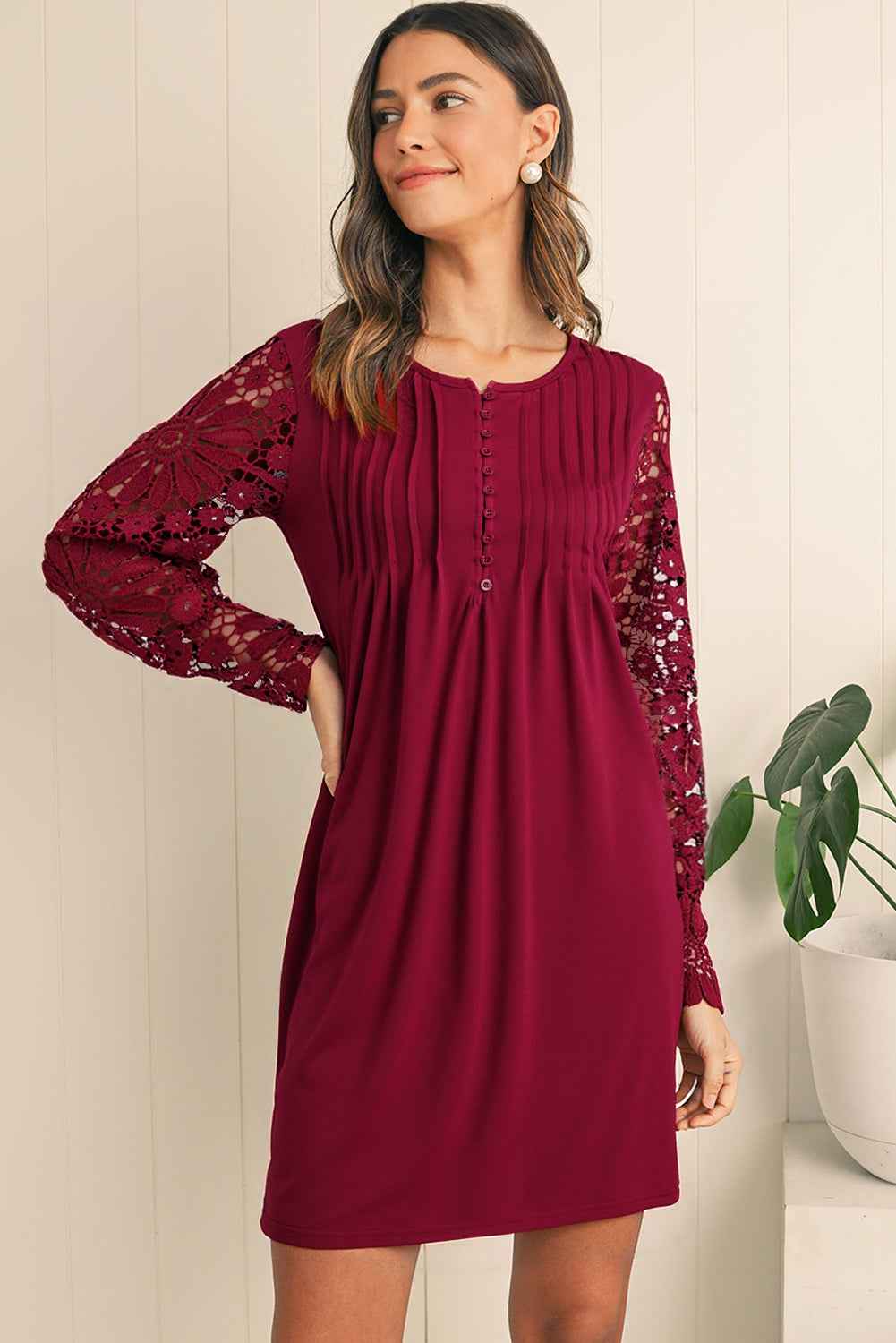 Burgundy Pleated Lace Sleeve Shift Mini Dress Burgundy 09bb28509ff530d1