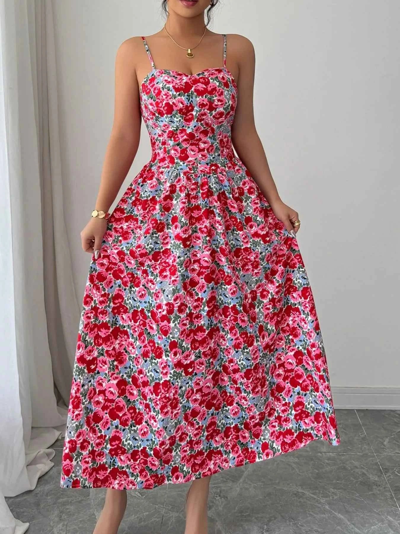 Floral Print Sweetheart Neck Cami Dress Fuchsia Pink 09bbbf48-923a-441a-af9a-d6ca3ce4fdc7-Max-Origin