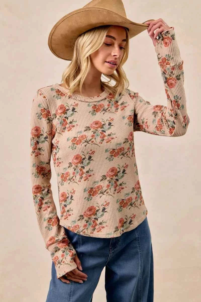 Floral Print Washed Waffle Thermal Top with Thumb 09be1745a0fc40909349e3f186a22a2d-Max-Origin