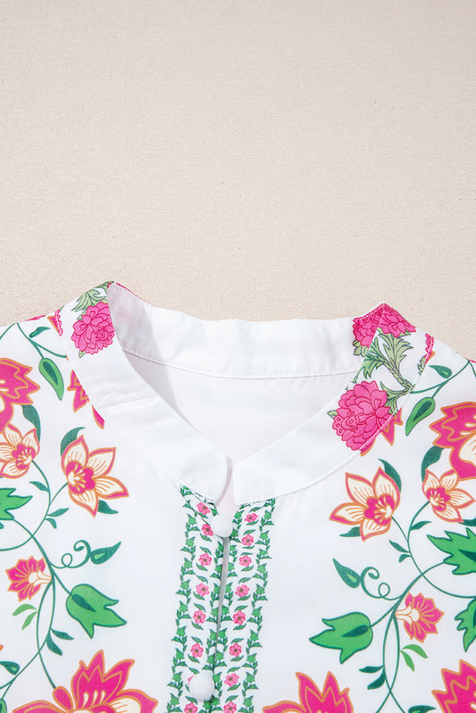 White Floral Print Half Button Mandarin Neck 3/4 Sleeve Maxi Dress 09be7b66e0eb27be