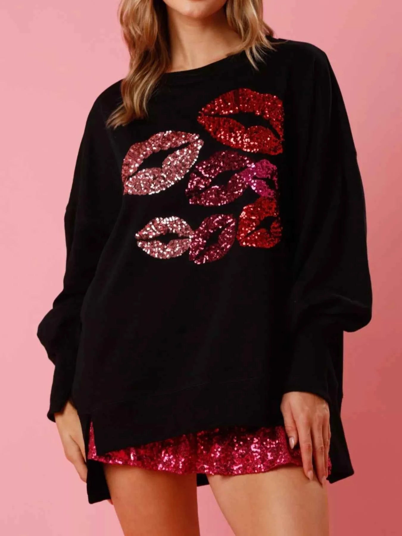 Lips Round Neck Dropped Shoulder Sweatshirt Black 09bfe8ea-c0bf-460a-9d80-00e109a3e9cb-Max-Origin
