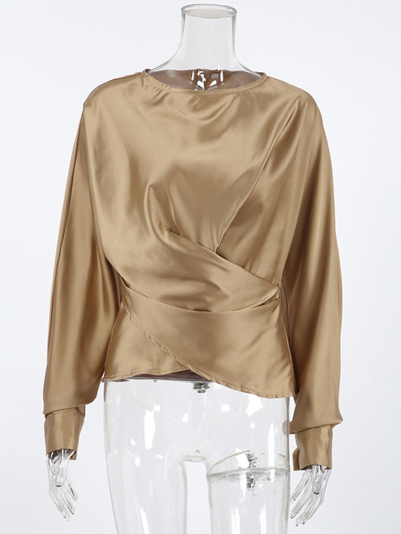 Ruched Long Sleeve Satin Blouse 09c10f62a1bd45f68d16dfee029817a9-Max