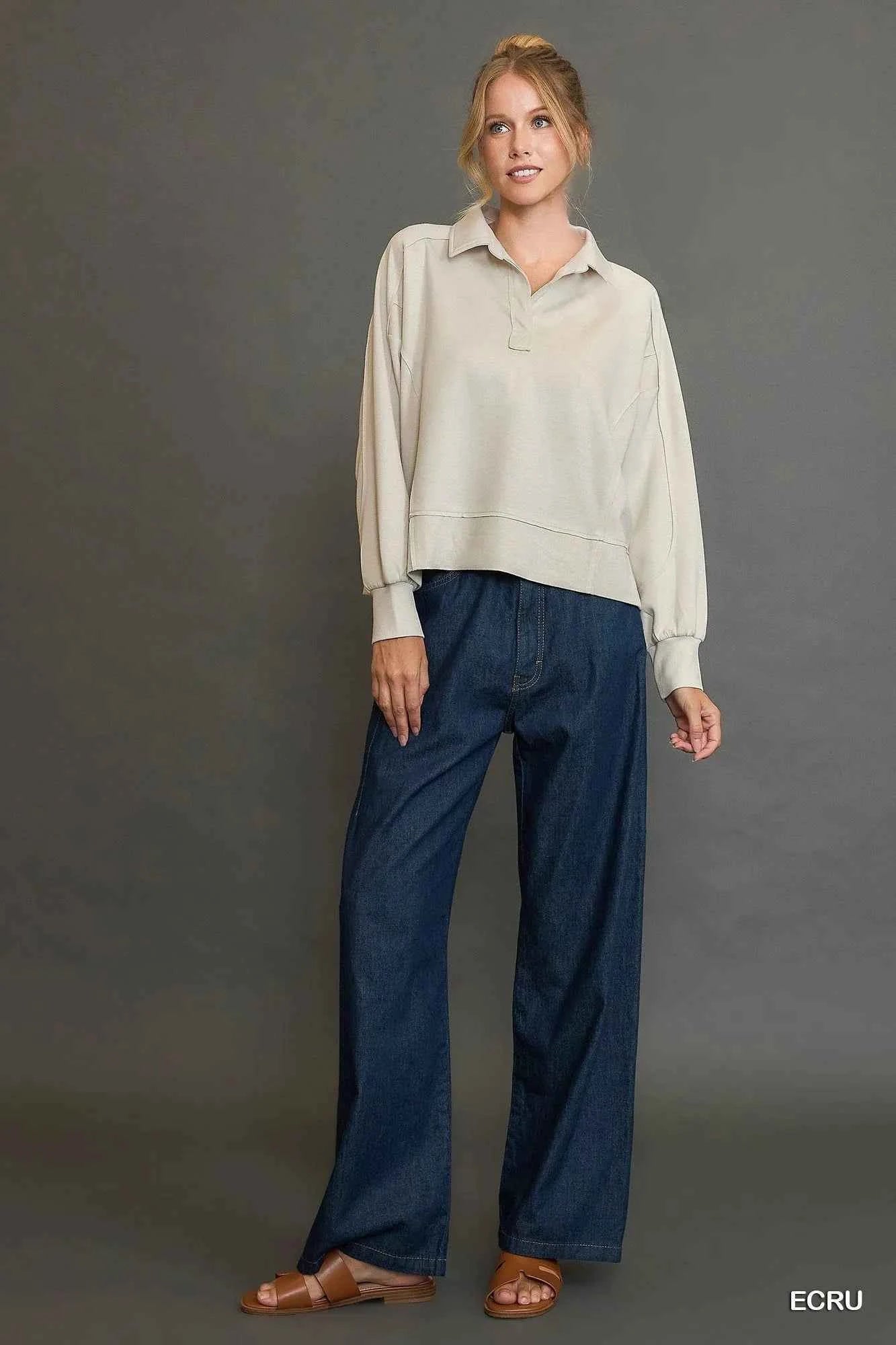 Umgee Collared Neck Long Sleeve Top with Raw Hem Detail 09c216e4-9377-4cb7-a09a-3deb8266d30f-Max-Origin