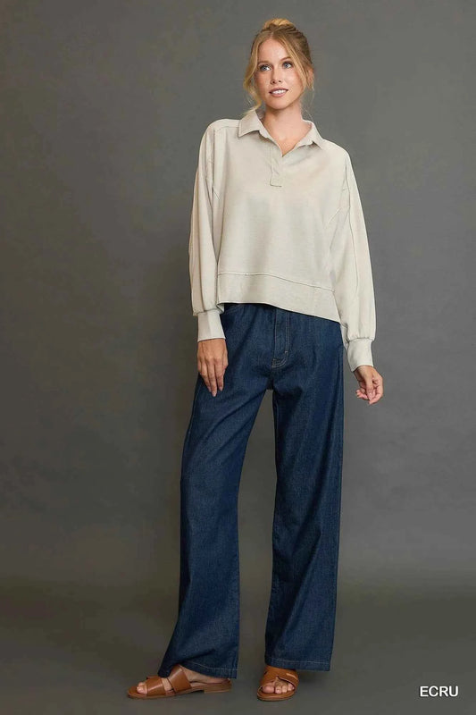 Collared Neck Long Sleeve Top with Raw Hem Detail 09c216e4-9377-4cb7-a09a-3deb8266d30f-Max-Origin