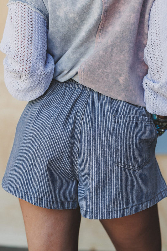 Blue Stripe Drawstring Elastic Waist Casual Denim Shorts 09c4a4f8a7878eba