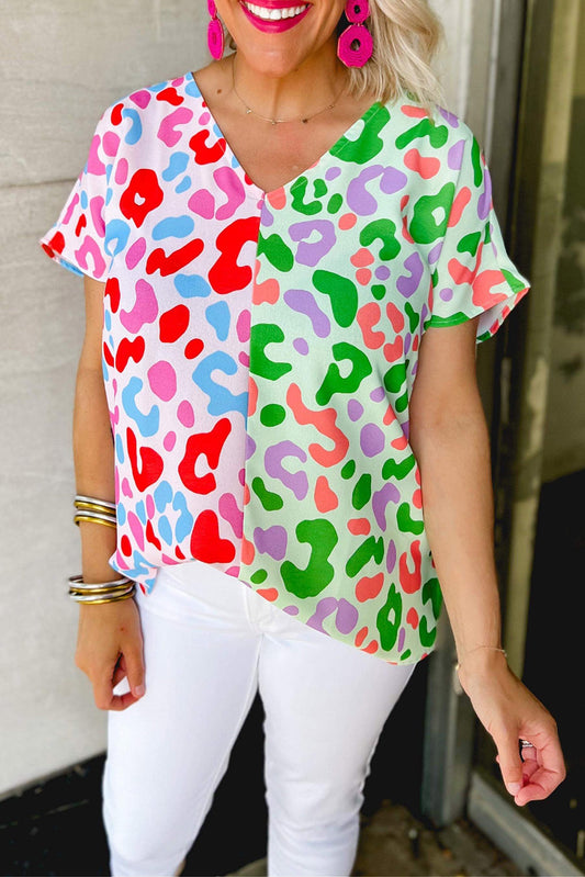 Green Leopard Print Patchwork V Neck Short Sleeve Blouse Green 09cb747ddb37b522