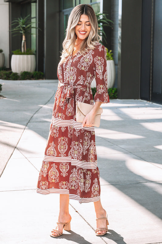 Brown Floral Print Belted Striped Trim Tiered Maxi Dress 09cd13c2a0e0fc66