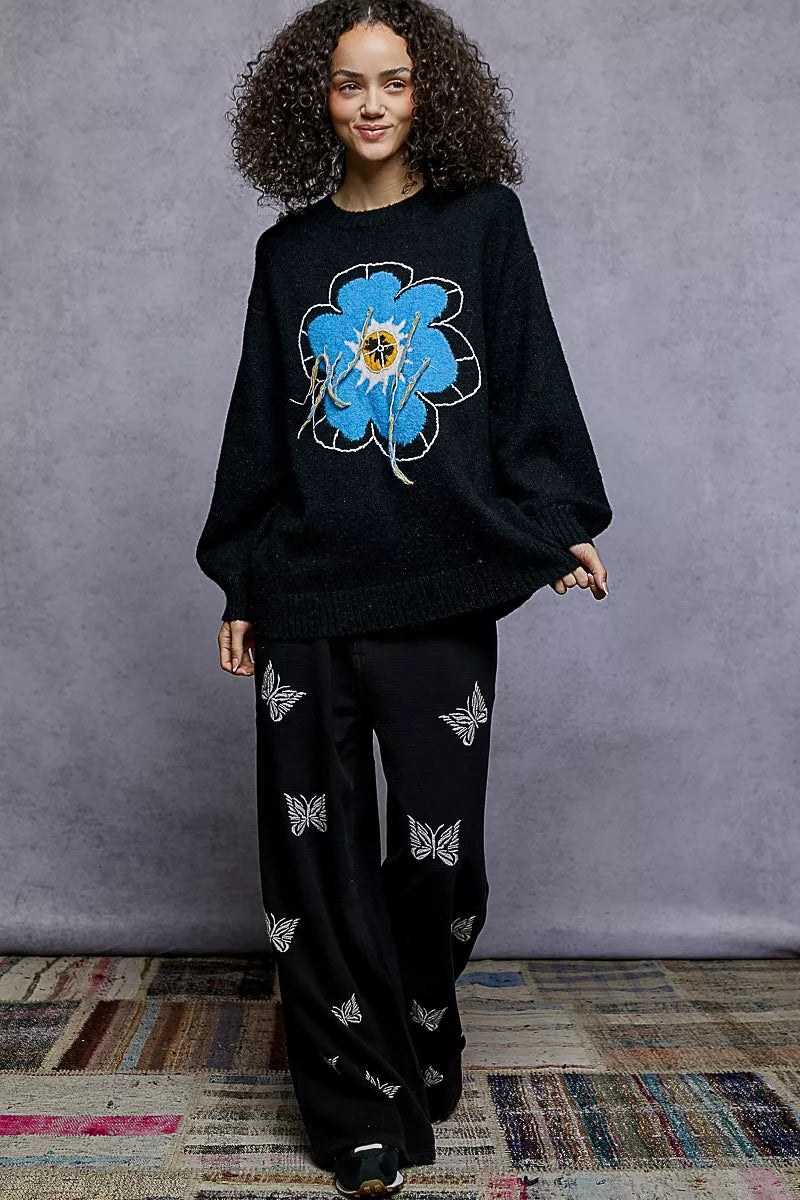 POL Floral Pattern Round Neck Sweater with Exposed Stitching 09d17715-d4f6-493a-8e2e-b8ba6d5e794e-Max-Origin