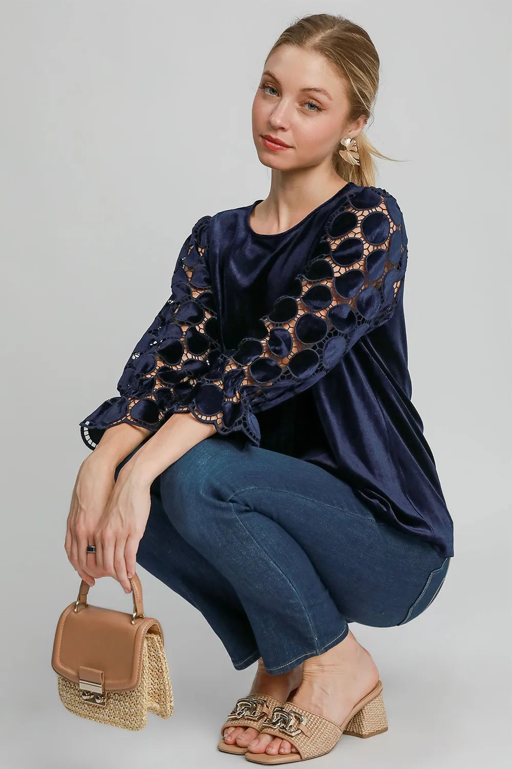 Umgee Polka Dot Lace Long Sleeve Round Neck Blouse 09d2a36e-7e79-4e4b-9c4b-4b0323256d3c-Max