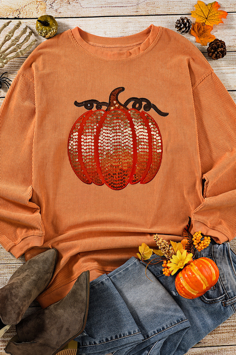 Orange Crinkle Ribbed Halloween Sequin Pumpkin Graphic Sweatshirt Orange-3 100%Polyester 09d4fc96102d9a39
