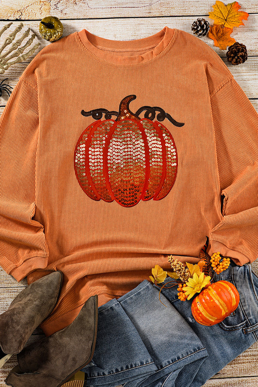 Orange Crinkle Ribbed Halloween Sequin Pumpkin Graphic Sweatshirt Orange-3 100%Polyester 09d4fc96102d9a39
