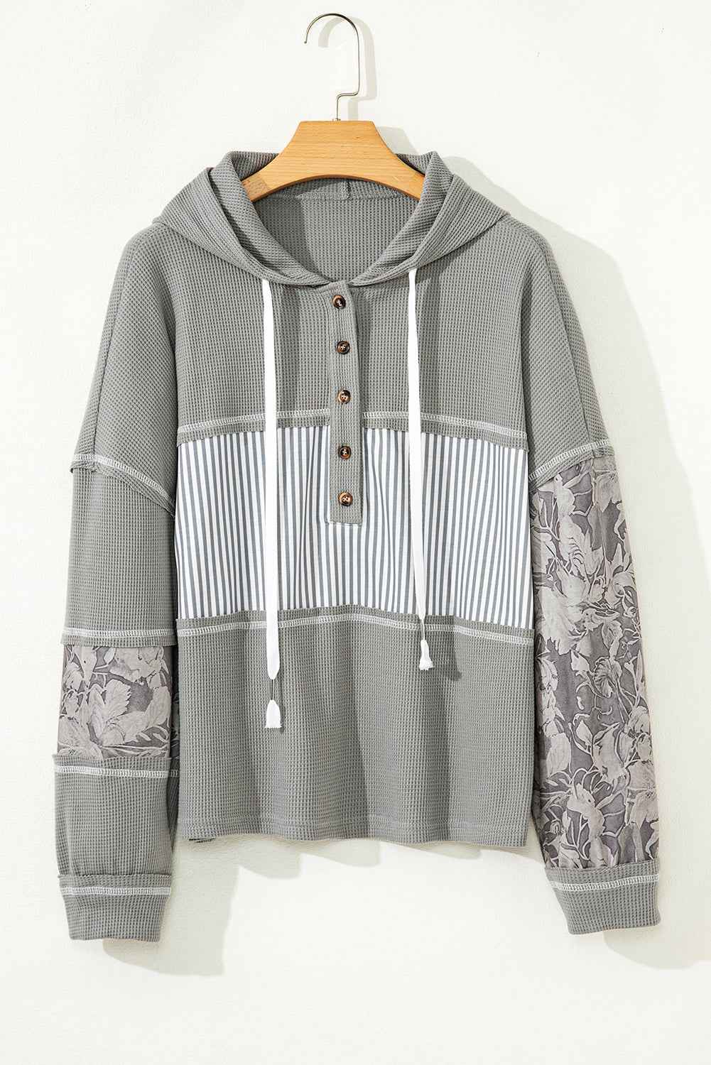 White Waffle Printed Patchwork Drawstring Hooded Long Sleeve Top 09dbff16622df704