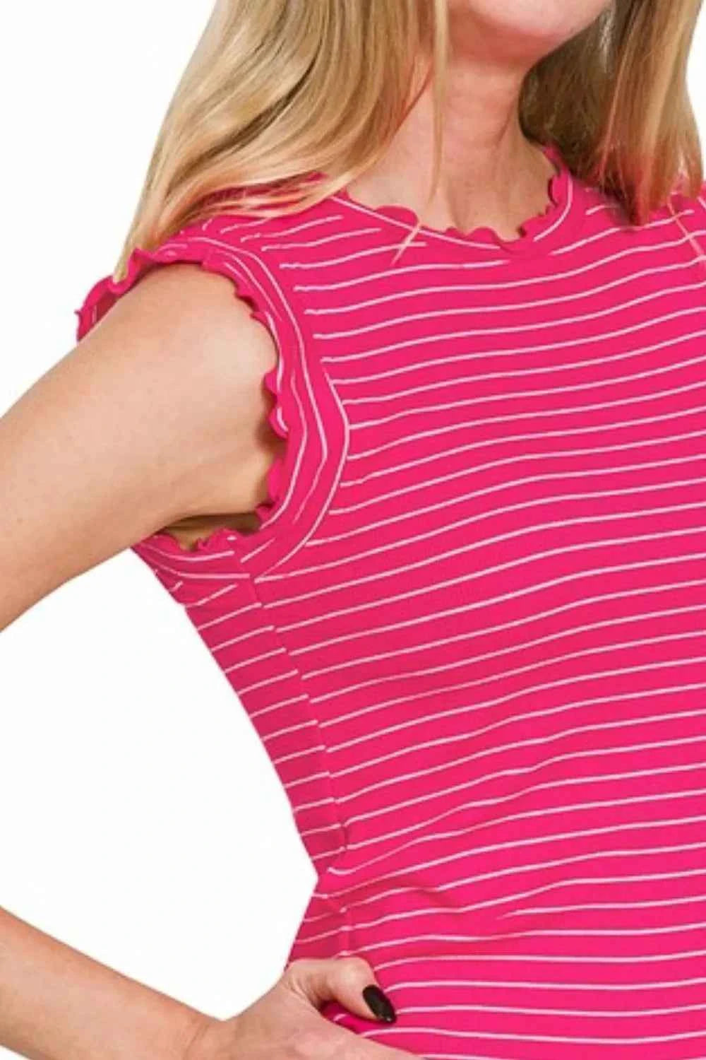Zenana Ribbed Ruffle Trim Sleeveless Stripe Top 09dc1e25-9fe6-41a6-b26b-67baac5671f4-Max-Origin