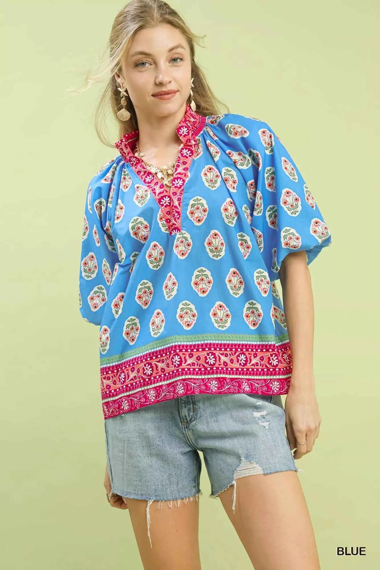 Umgee Boho Border Print Peasant Top BLUE 09de6cb0-1edb-4941-9691-c417764d5142-Max-Origin