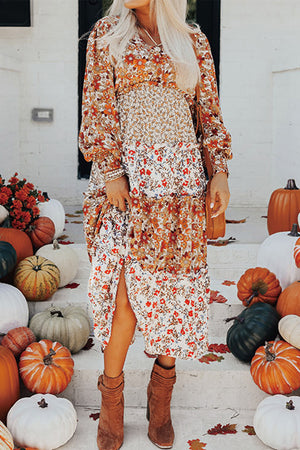 Khaki Floral Print Ruffled Tiered Long Sleeve V Neck Midi Dress Khaki 100%Polyester 09df3944fd9e3dc8
