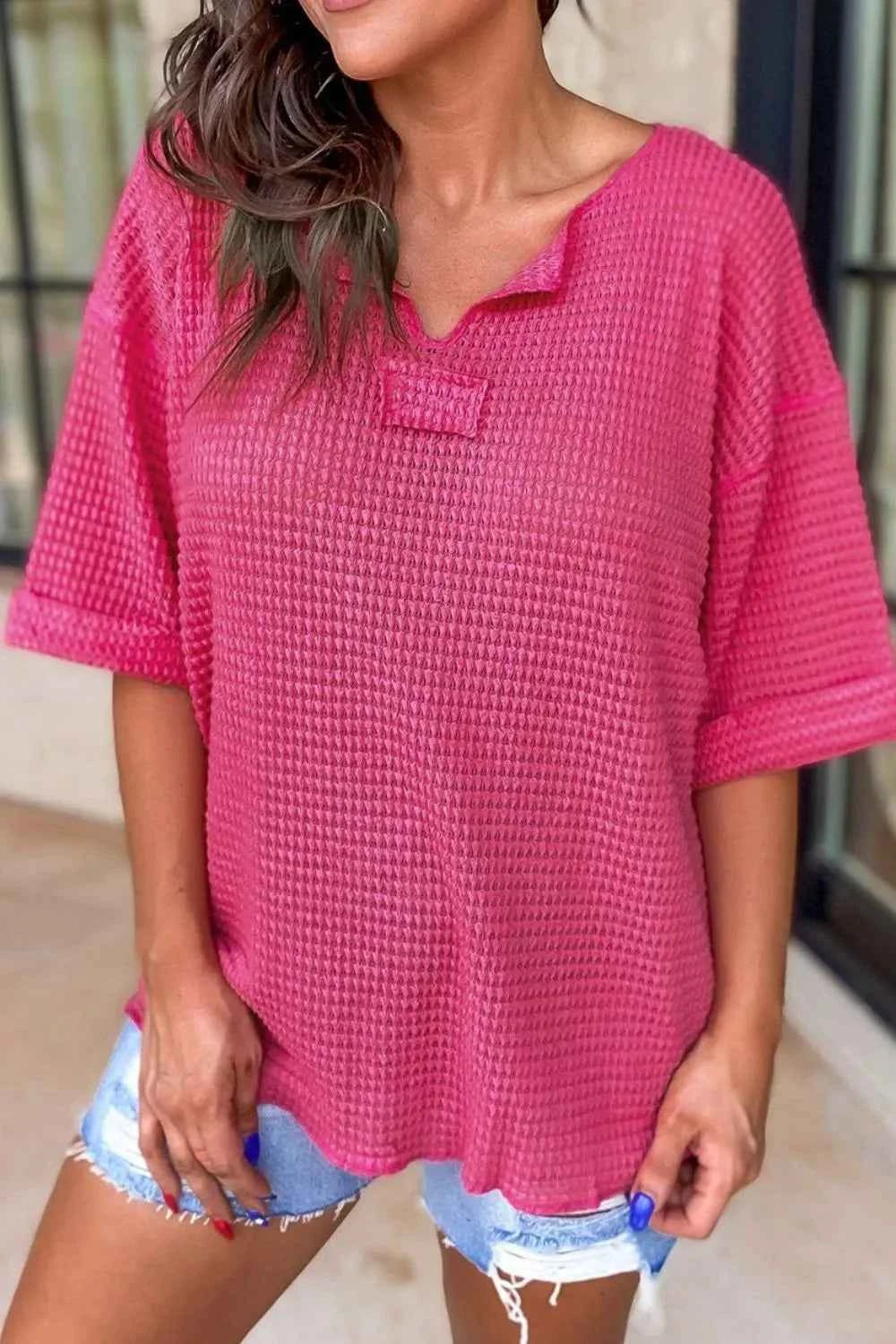 Textured Cuffed Short Sleeve Top Hot Pink 09e5bc92-4069-49bd-8825-928e1984633a-Max