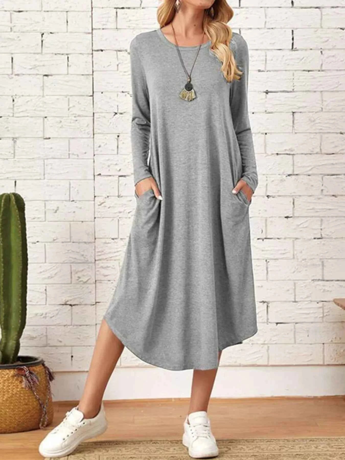 Casual Long Sleeve Pocket Midi Dress Gray 09e67752-bee3-41b1-be10-f47ca08897ab-Max-Origin