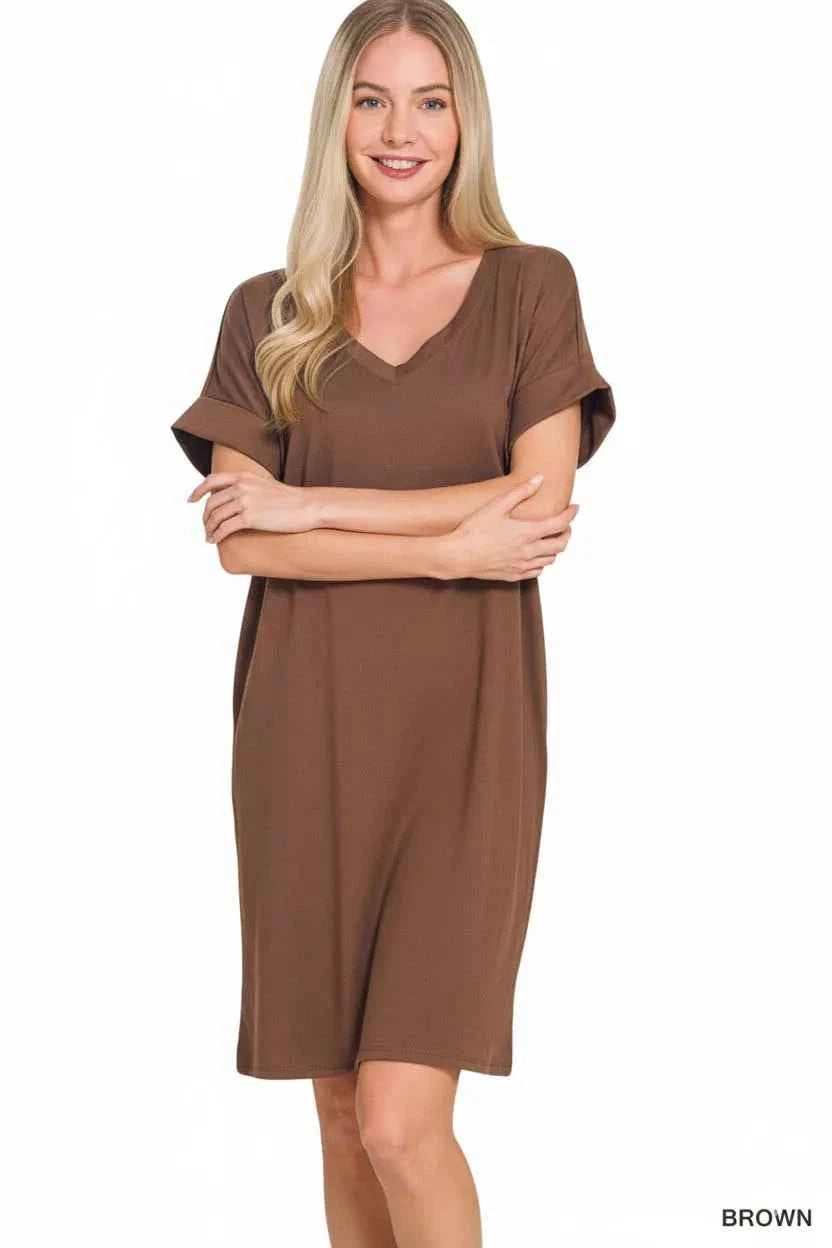 Zenana Brushed Dty Rolled Short Sleeve V-Neck Dress 09e72400-6f4b-4367-9c39-9d9ffa598878-Max-Origin